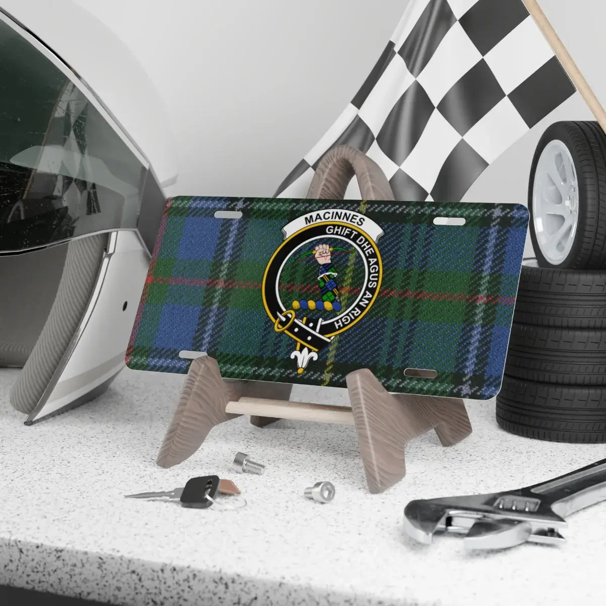 MacInnes clan crest tartan novelty license plate — Ghìft Dhe Agus An Righ on aluminium 12x6