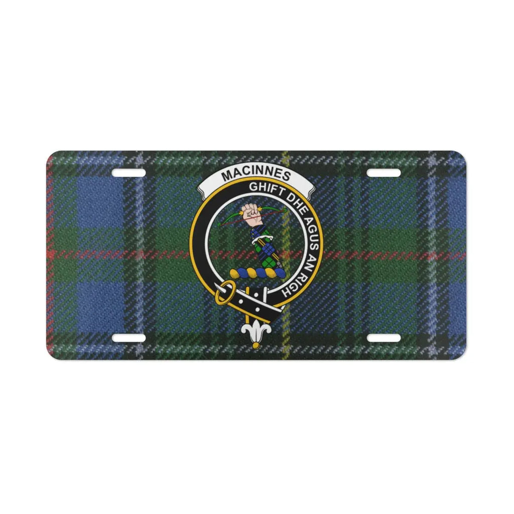 MacInnes clan crest tartan license plate — vivid print on white aluminium front 12x6