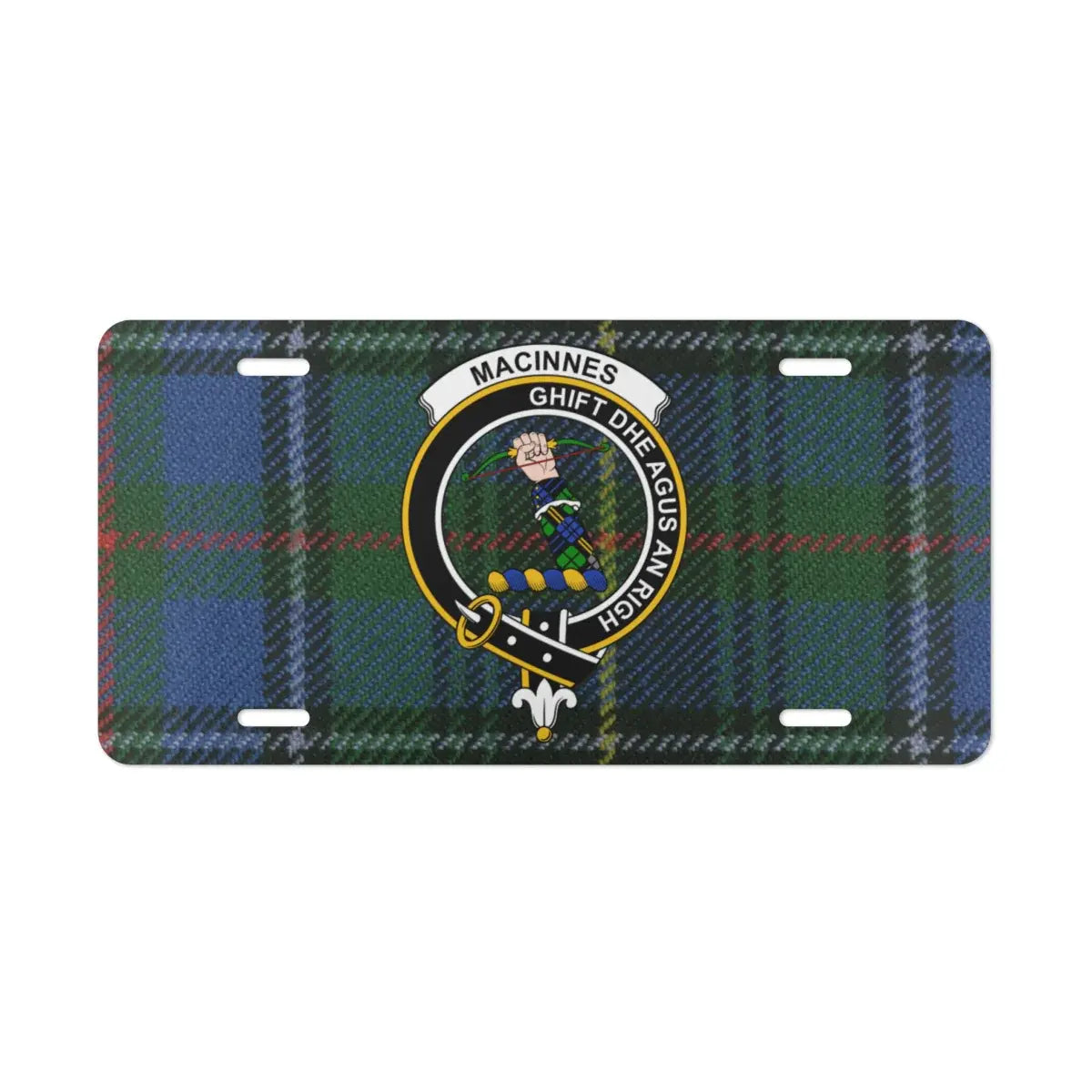 MacInnes clan crest tartan license plate — vivid print on white aluminium front 12x6