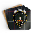 MacIntyre Per Ardua tartan pattern coaster set of 4 — natural cork squares with sealed clan crest design