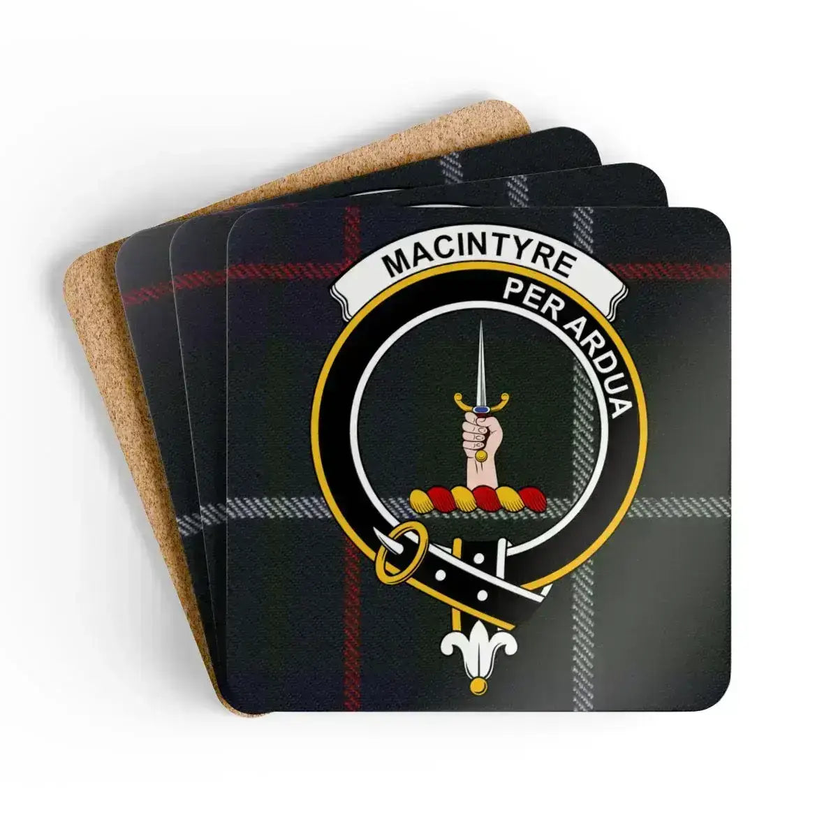 MacIntyre Per Ardua tartan pattern coaster set of 4 — natural cork squares with sealed clan crest design