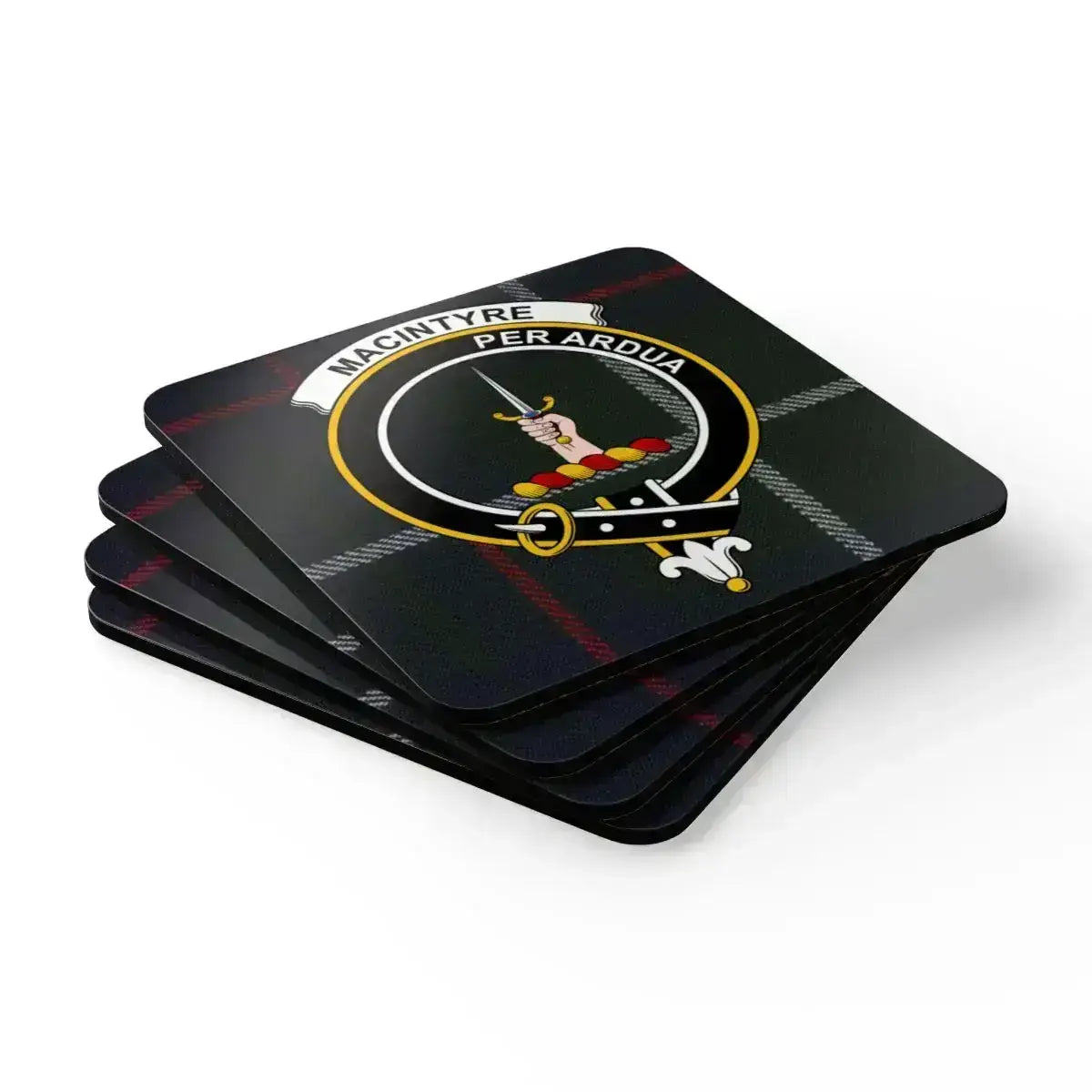 MacIntyre Per Ardua family crest design coasters — natural cork base, glossy sealed tartan print