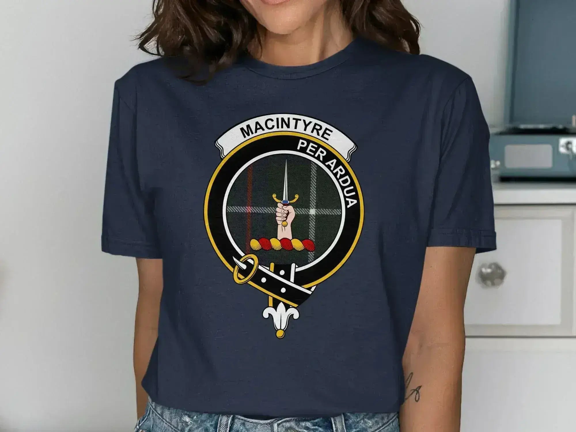 MacIntyre Per Ardua emblem crest graphic tee — clan heraldic design on cotton