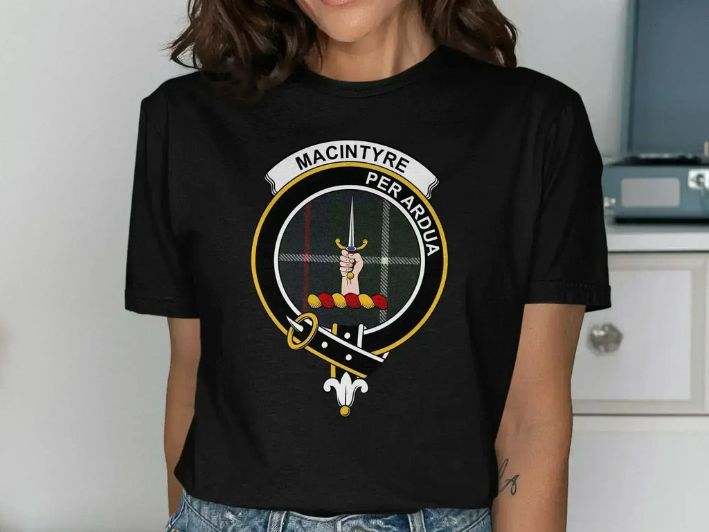 MacIntyre Per Ardua crest emblem shirt — clan heraldic design on softstyle cotton