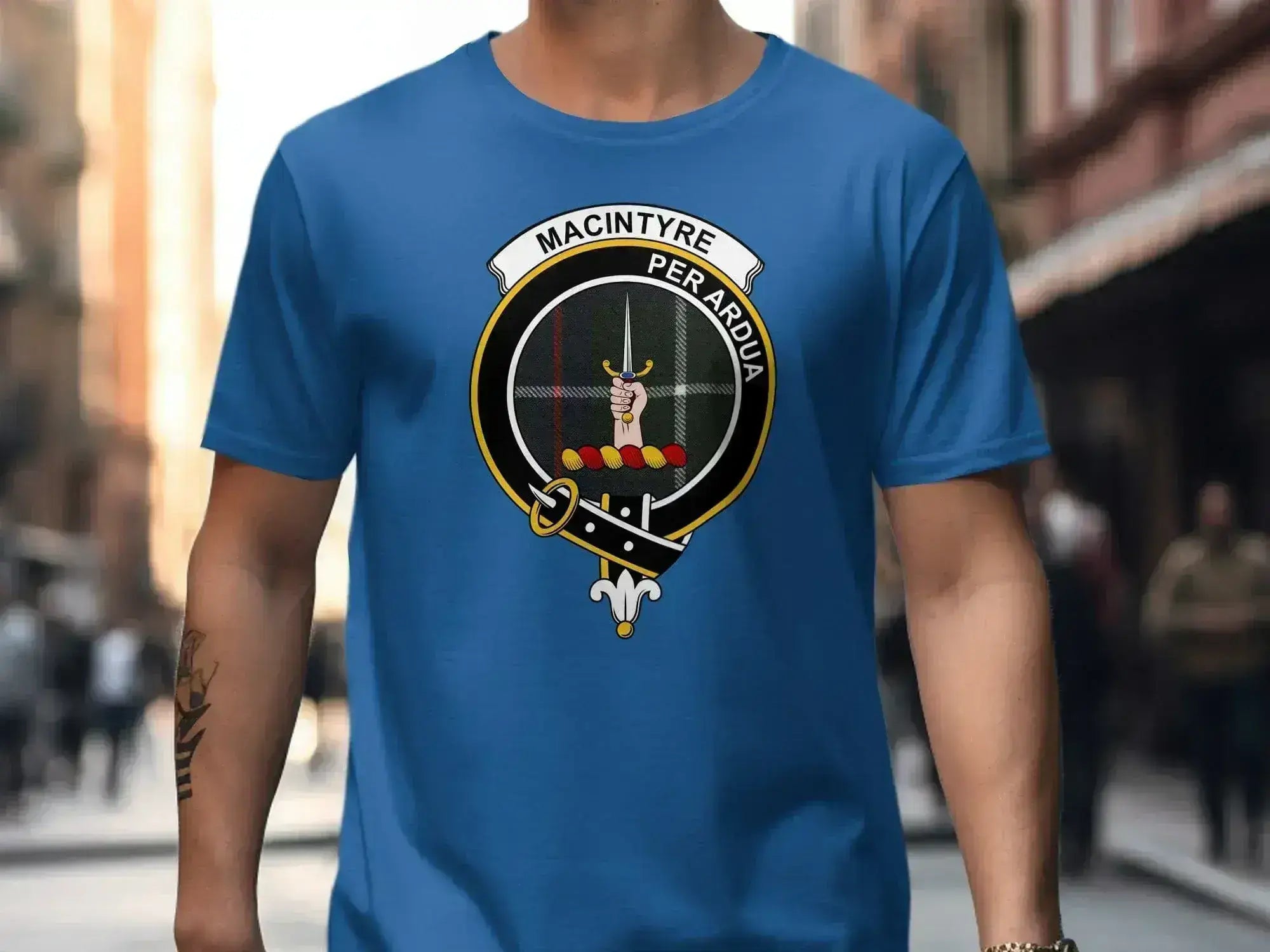 MacIntyre Per Ardua graphic tee — clan crest heraldic design on cotton, unisex