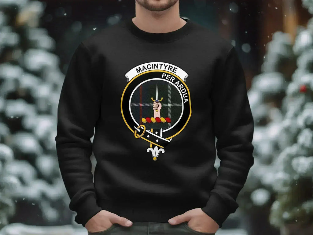 MacIntyre Per Ardua crest emblem black sweatshirt — Through Difficulties heraldic on fleece