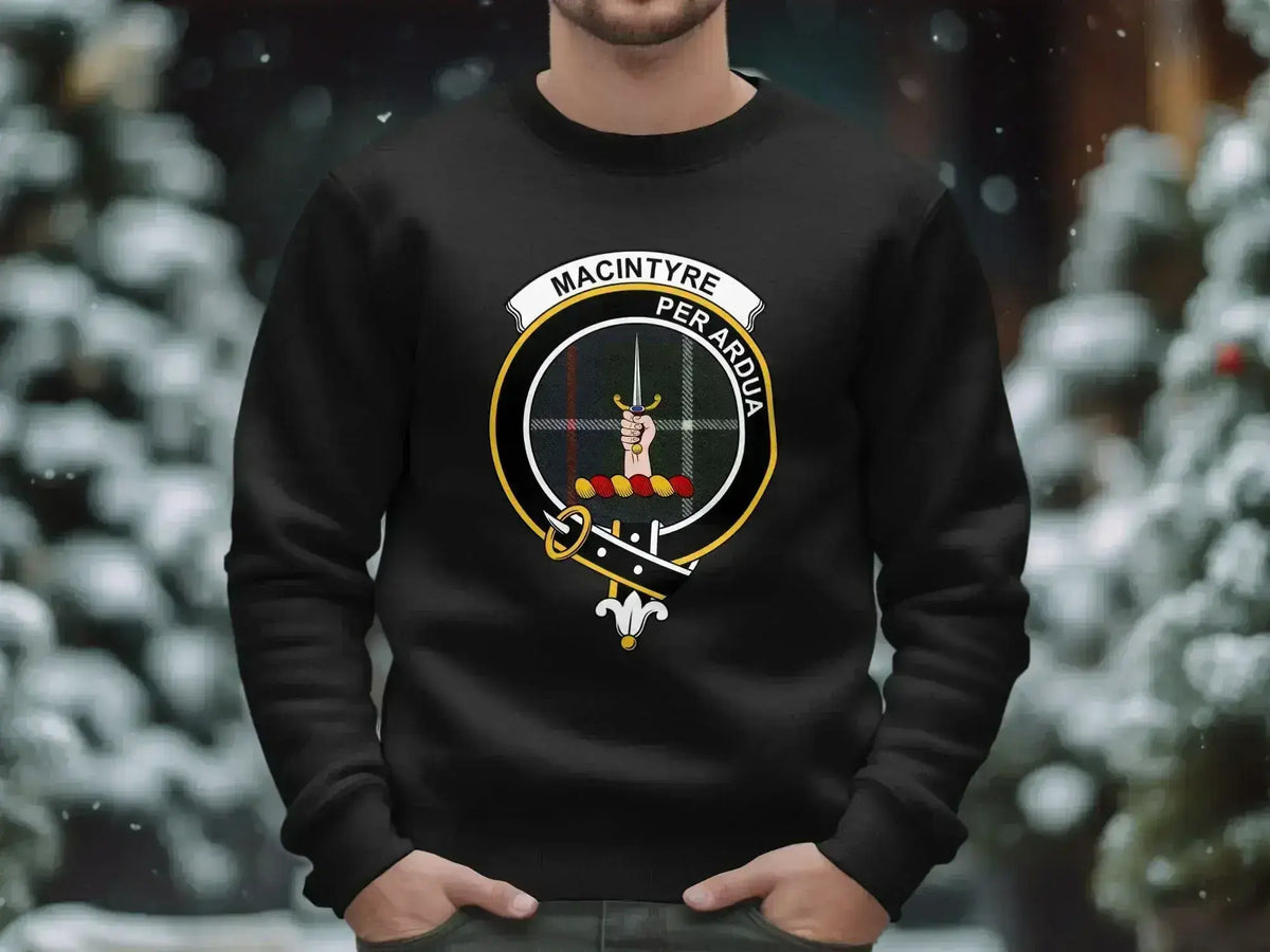MacIntyre Per Ardua crest emblem black sweatshirt — Through Difficulties heraldic on fleece