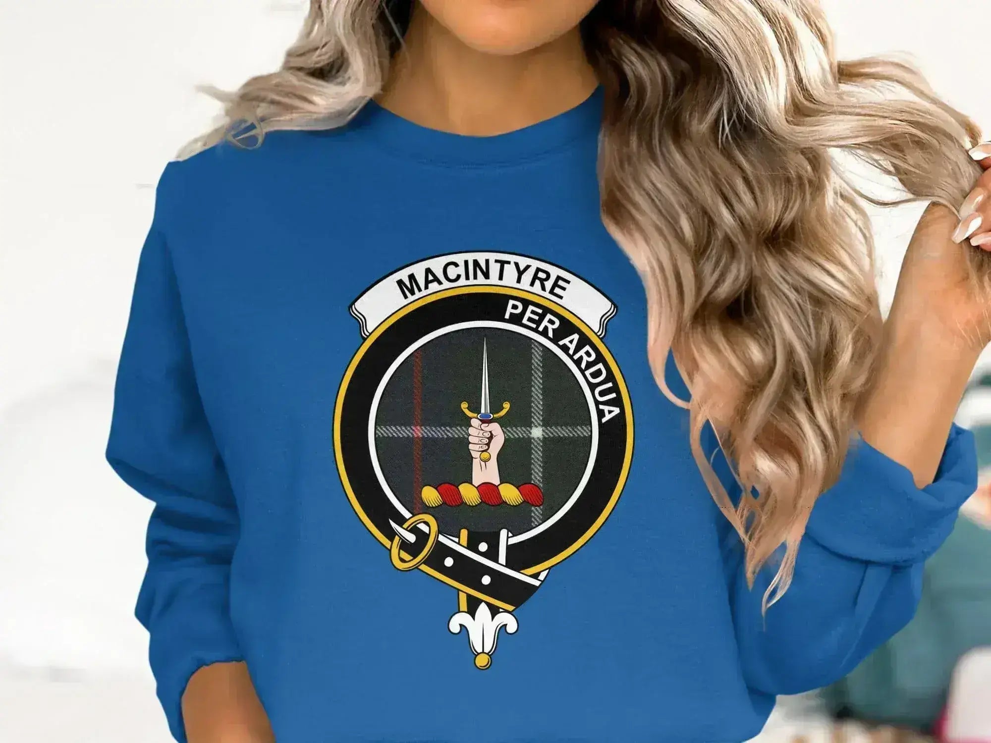 MacIntyre Per Ardua clan crest sweatshirt — heraldic design on fleece fabric
