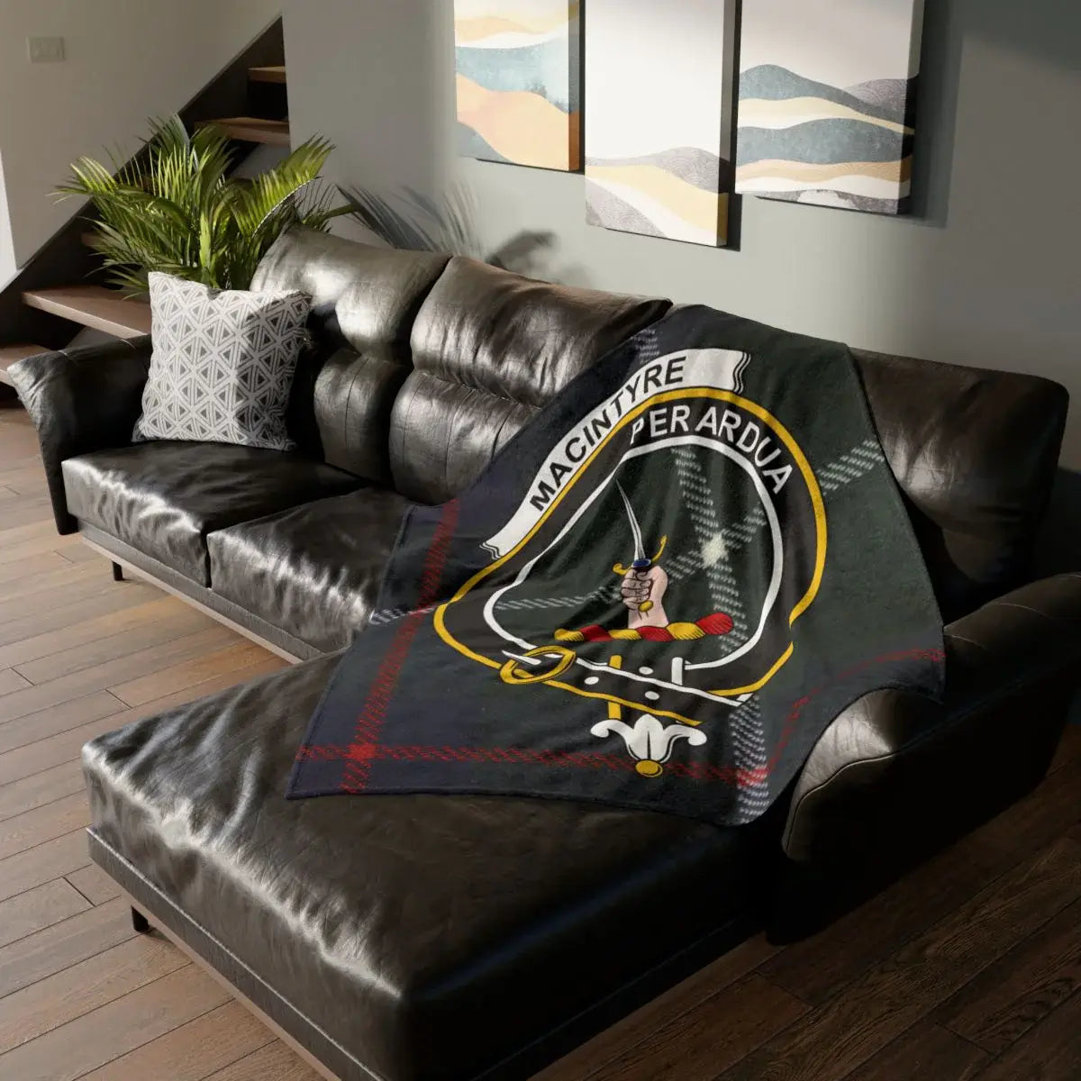MacIntyre Per Ardua clan crest tartan throw blanket for sofa — 50x60 polyester with heraldic design