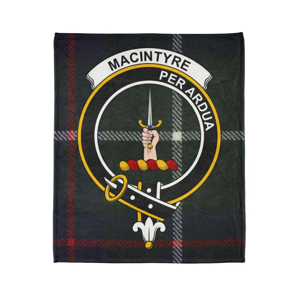 MacIntyre Per Ardua emblem tartan pattern throw blanket — clan crest on 50x60 polyester