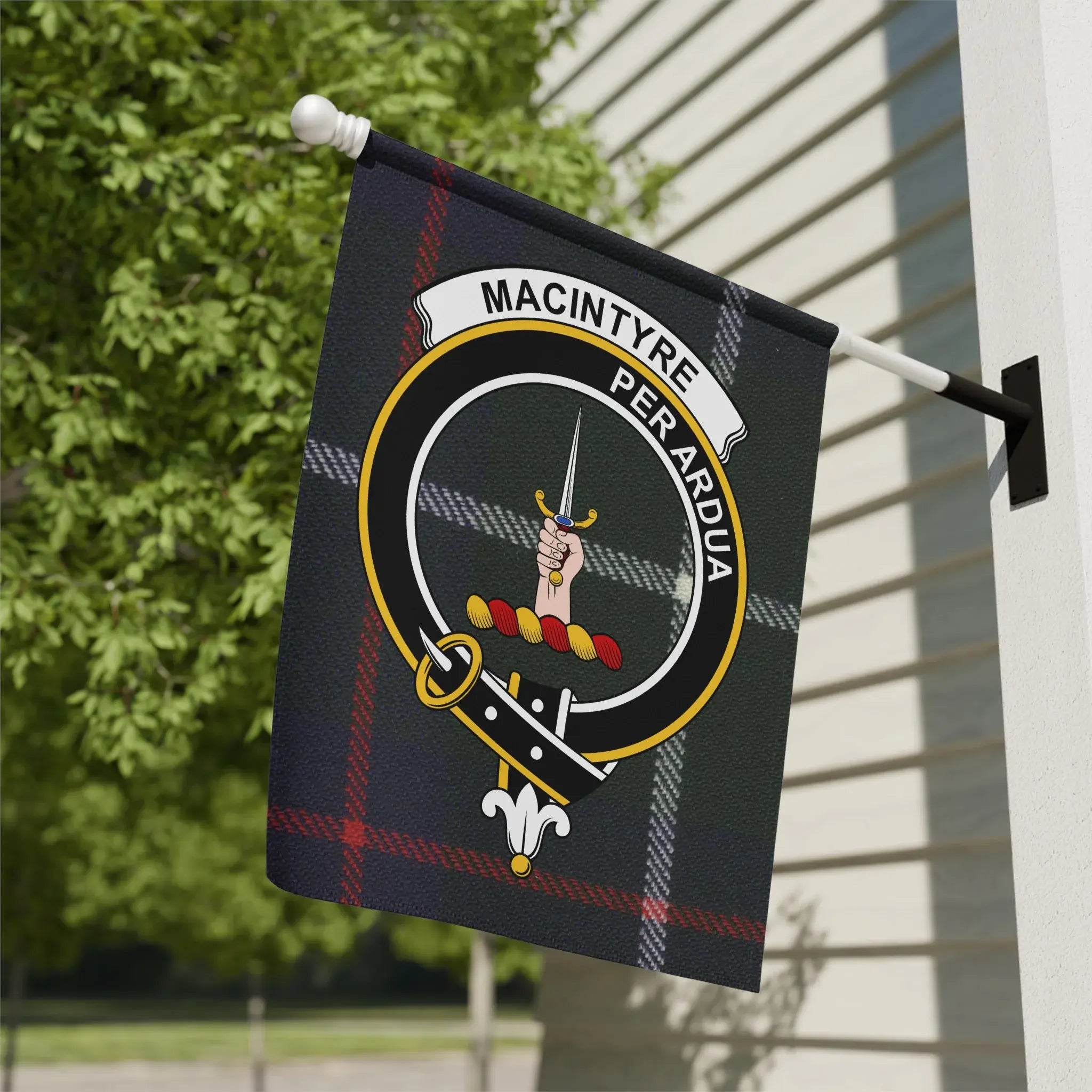MacIntyre Per Ardua clan crest tartan garden flag 12x18 inches — poly poplin-canvas outdoor display