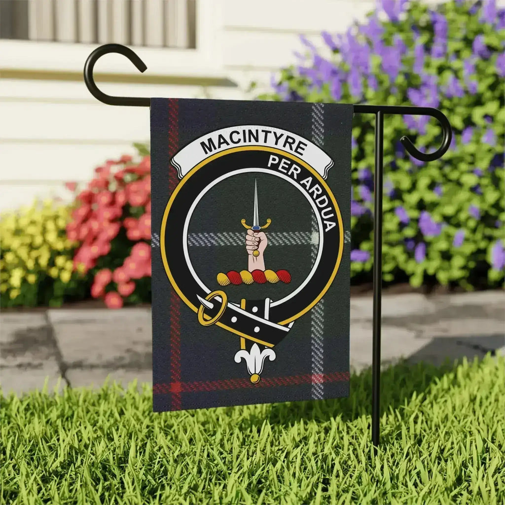 MacIntyre clan Scottish tartan garden flag 24x32 inches — clan crest on larger outdoor size