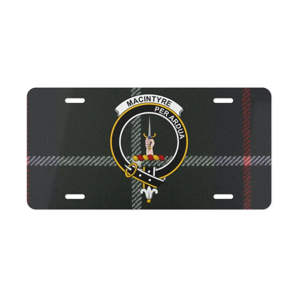 MacIntyre Per Ardua emblem clan tartan design license plate — Through Difficulties design on aluminium
