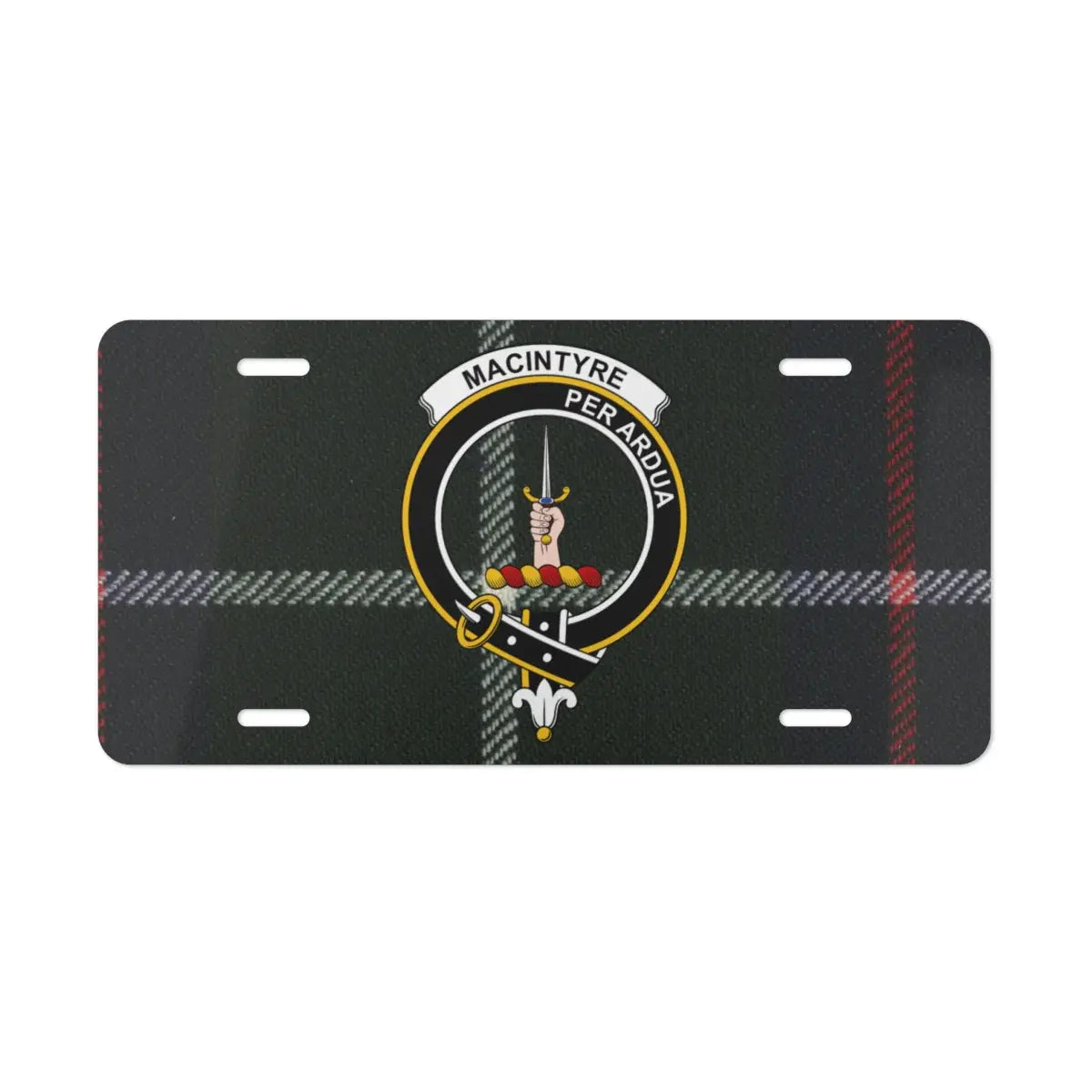 MacIntyre Per Ardua emblem clan tartan design license plate — Through Difficulties design on aluminium