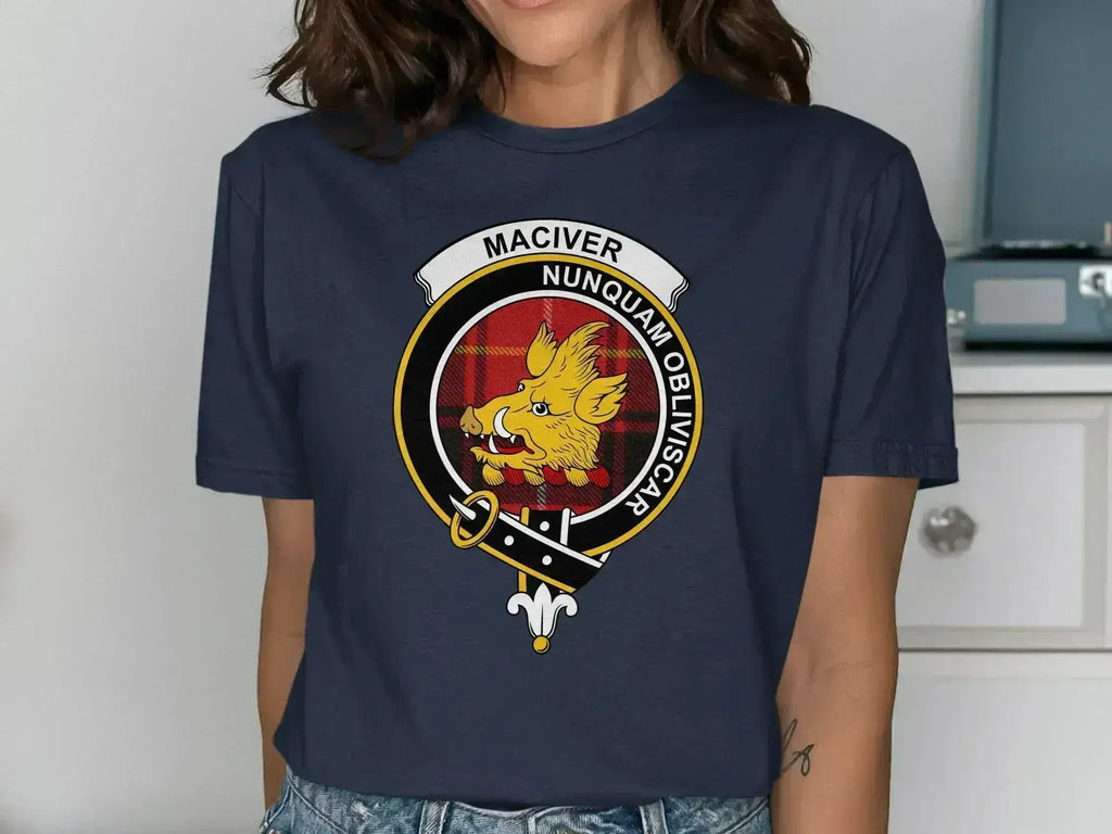 Clan MacIver boar's head crest printed on royal blue t-shirt — unisex cotton short sleeve