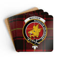 MacIver clan crest tartan coaster set — Nunquam Obliviscar on cork-backed square coasters