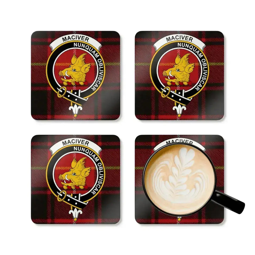 MacIver clan crest tartan coasters displayed — full colour Scottish heritage print on cork