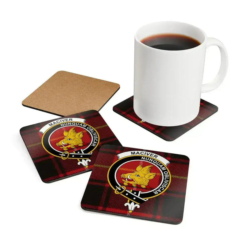 MacIver clan tartan crest coaster set stacked — showing cork base and boar's head design