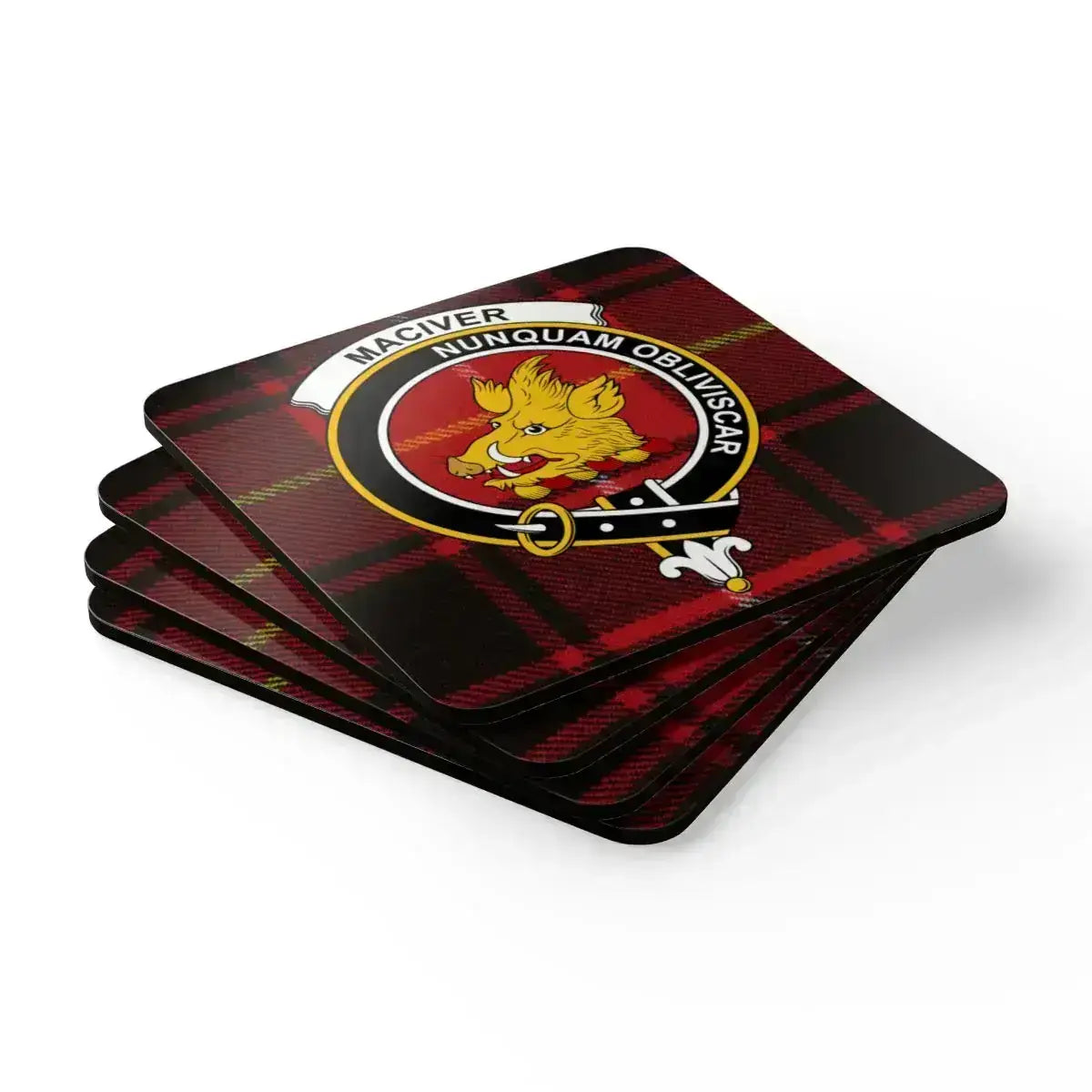 MacIver Nunquam Obliviscar plaid pattern coasters in use — 3.75 inch square cork coasters