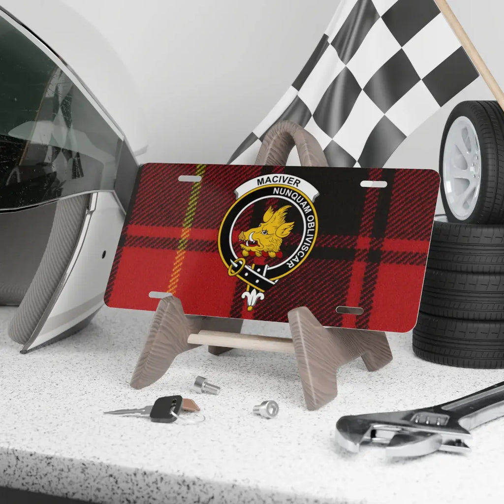MacIver clan crest tartan novelty license plate — Nunquam Obliviscar on aluminium 12x6