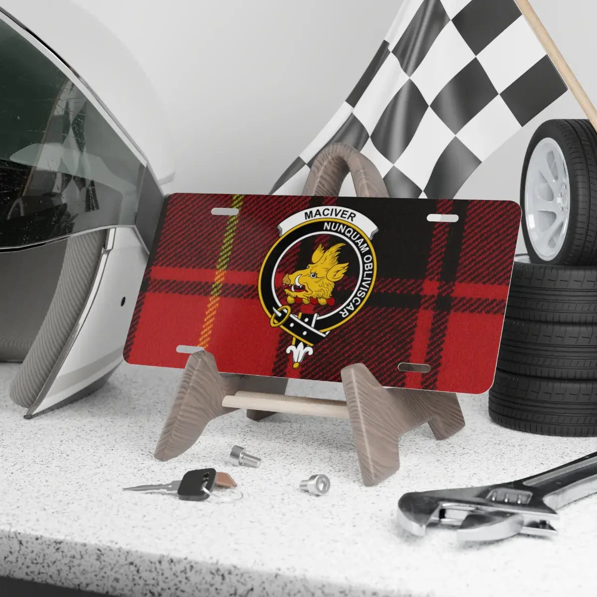 MacIver clan crest tartan novelty license plate — Nunquam Obliviscar on aluminium 12x6