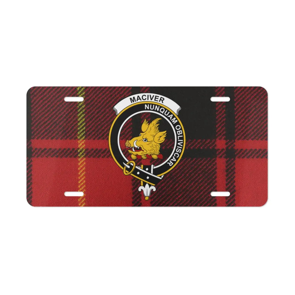 MacIver clan crest tartan plaid license plate — vivid print on white aluminium front 12x6