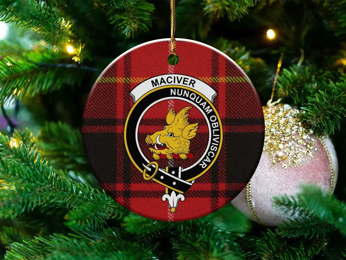 MacIver clan crest tartan ceramic ornament — Nunquam Obliviscar double-sided 3-inch round
