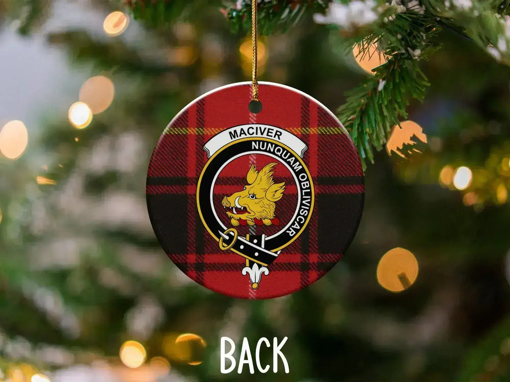 MacIver tartan family clan crest ornament reverse side — gold hanging string and UV print