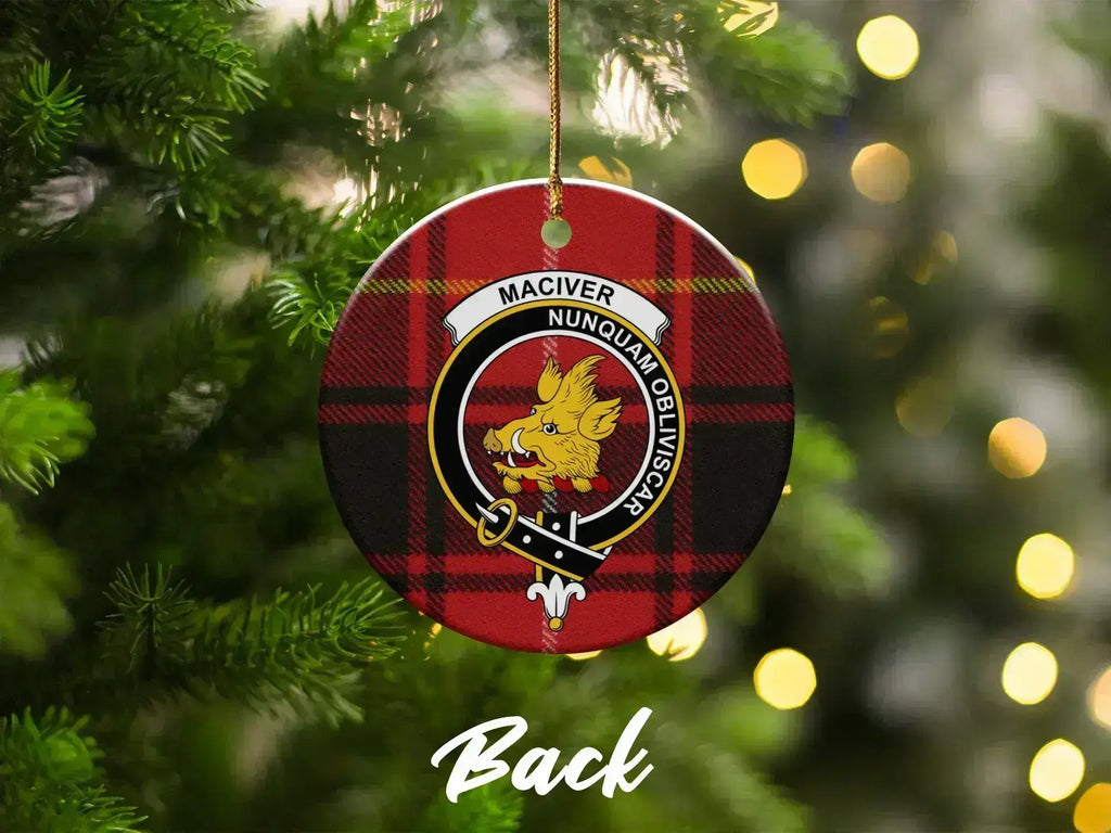 MacIver clan tartan crest Christmas ornament on tree — 3-inch round Scottish keepsake