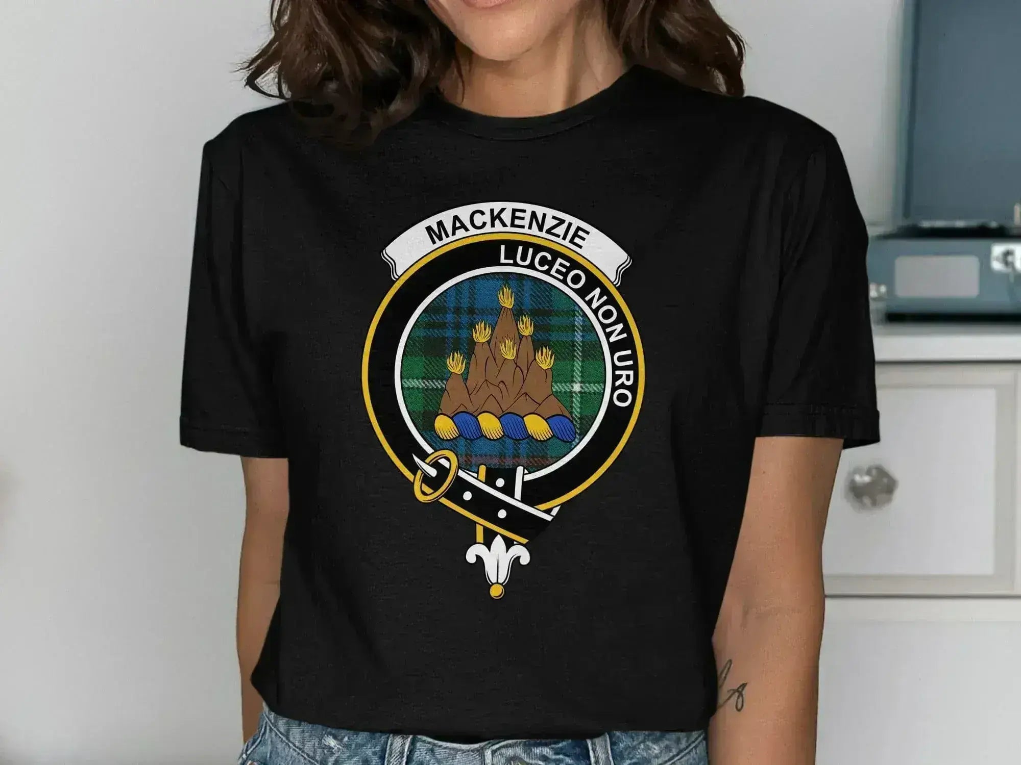 MacKenzie Luceo Non Uro emblem shirt — clan heraldic design on softstyle cotton