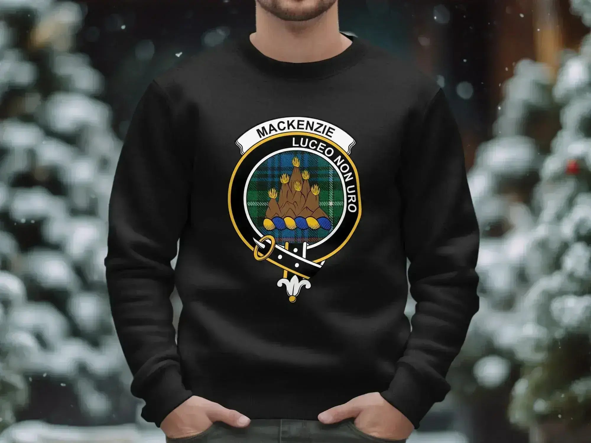 MacKenzie Luceo Non Uro emblem sweatshirt — I Shine Not Burn clan design on fleece