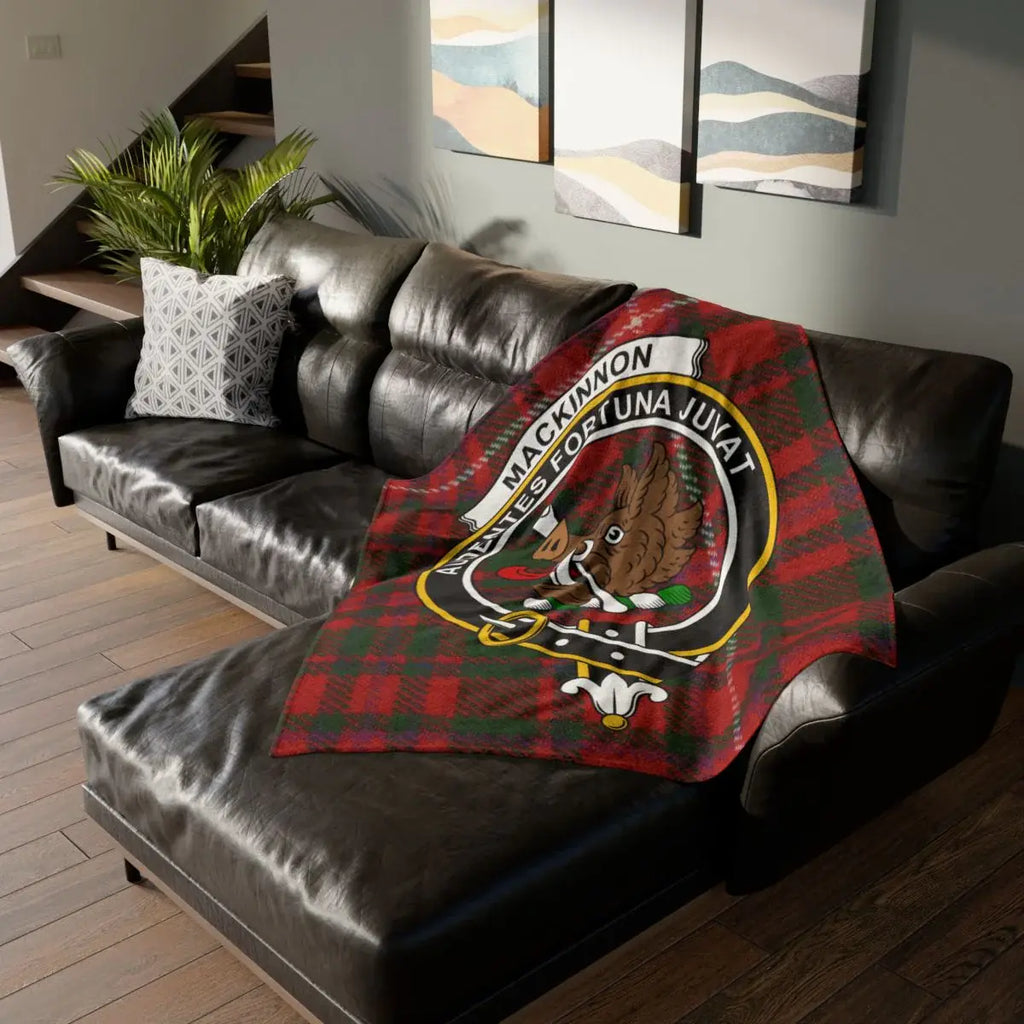 MacKinnon clan crest tartan throw blanket — Audentes Fortuna Juvat printed 50x60 polyester