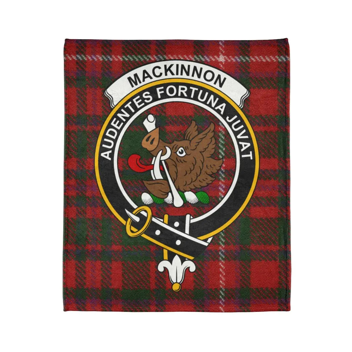 MacKinnon clan crest tartan throw blanket laid flat — full Audentes Fortuna Juvat print
