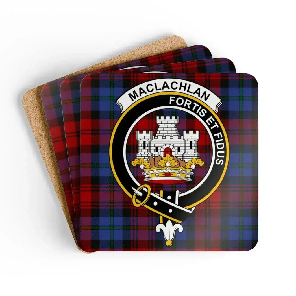 MacLachlan Fortis et Fidus plaid clan crest coaster set of 4 — natural cork squares with heraldic design