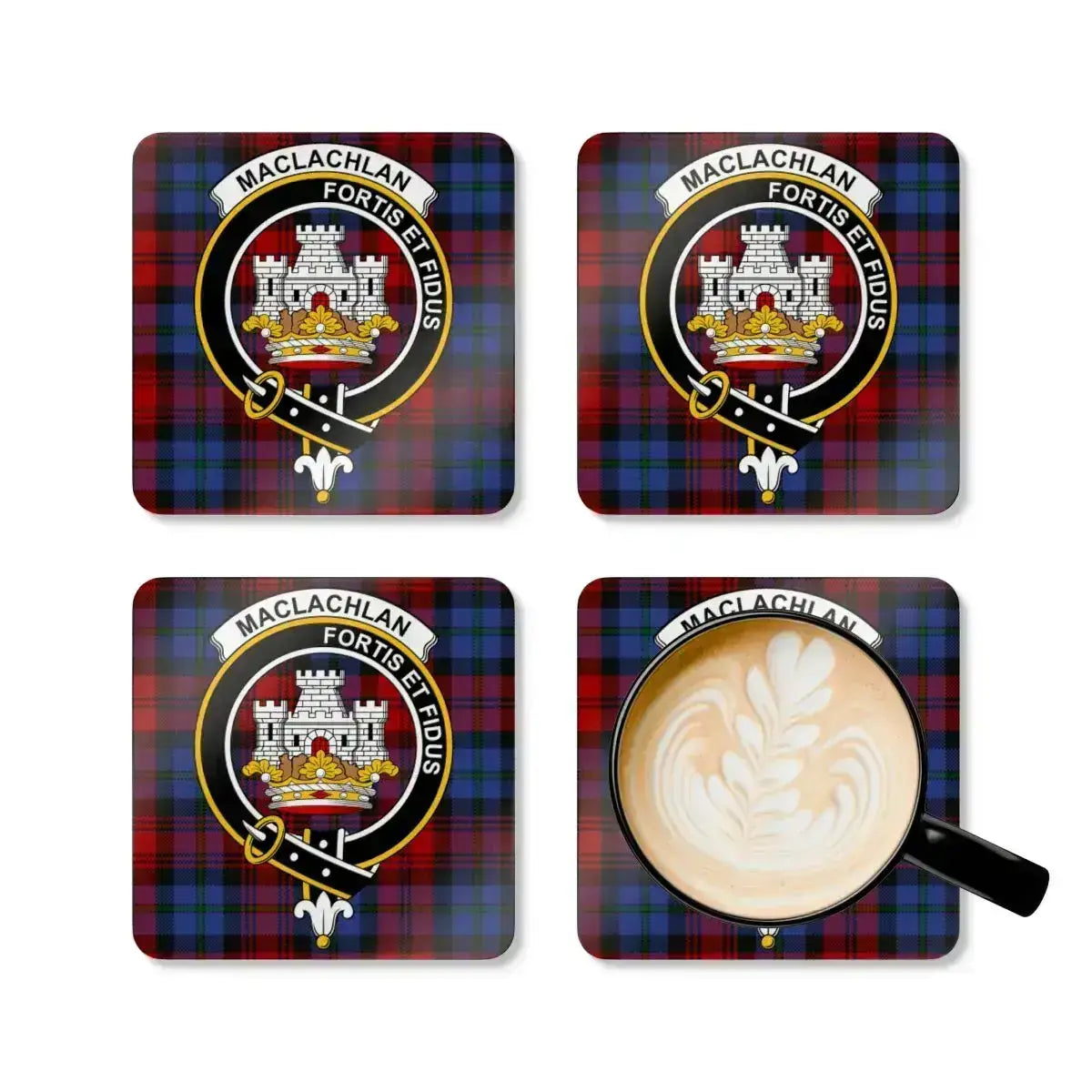 MacLachlan Fortis et Fidus plaid design coaster set of four — cork coasters with heraldic design