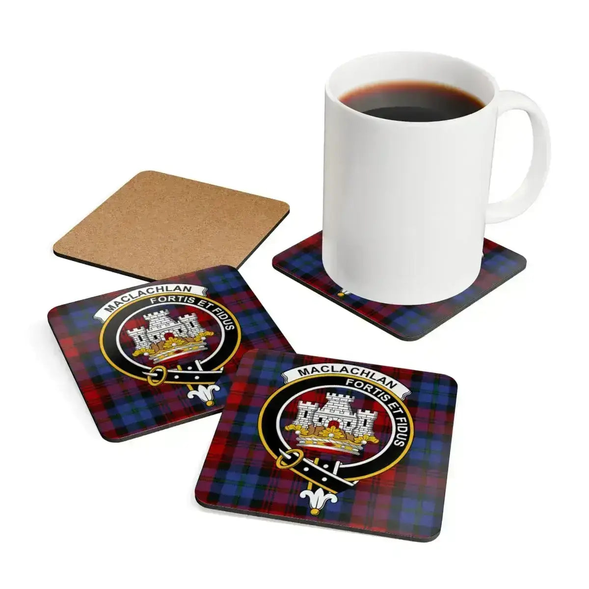 MacLachlan Fortis et Fidus tartan coaster set — 3.75-inch corkwood with glossy sealed print