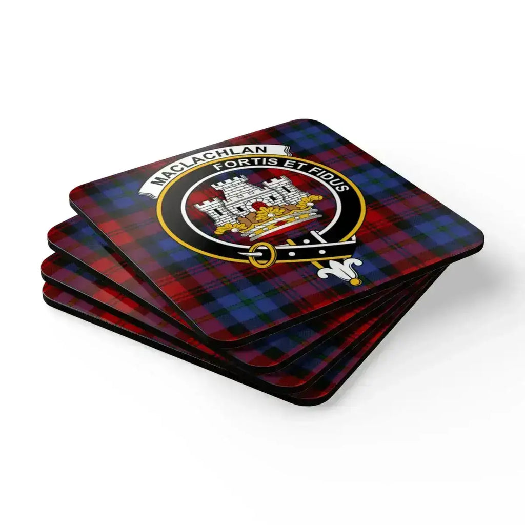 MacLachlan Fortis et Fidus clan crest coaster — natural cork base, glossy sealed tartan print