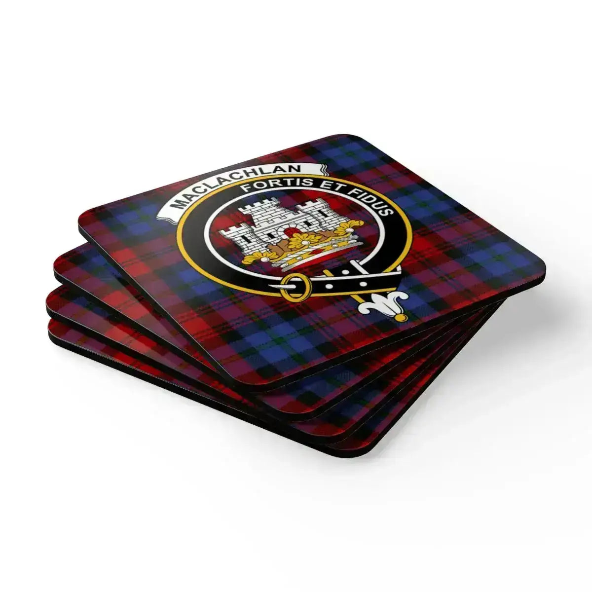 MacLachlan Fortis et Fidus clan crest coaster — natural cork base, glossy sealed tartan print