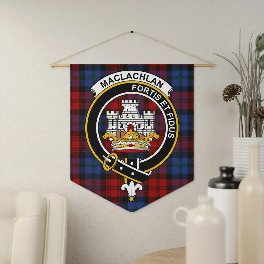 MacLachlan Fortis et Fidus plaid clan crest pennant 18x21 inches — polyester twill wall hanging, wooden dowel