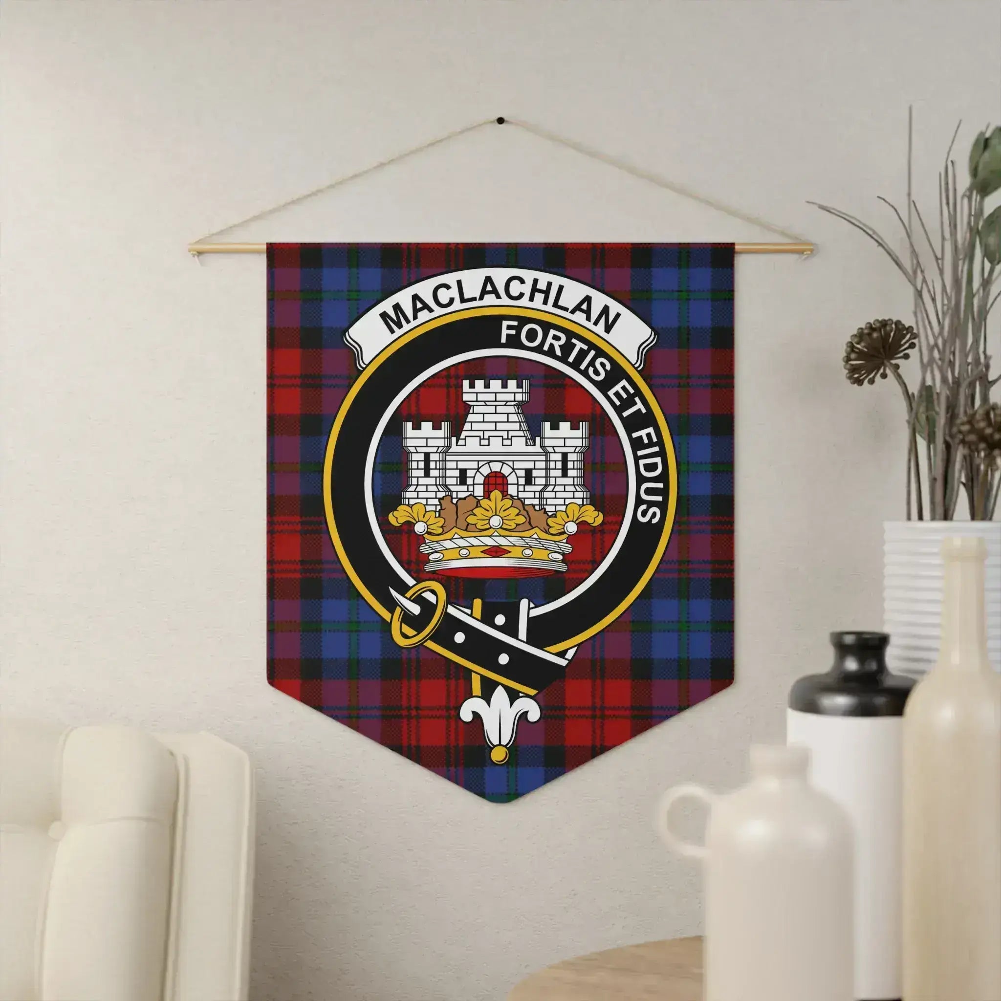 MacLachlan Fortis et Fidus plaid clan crest pennant 18x21 inches — polyester twill wall hanging, wooden dowel