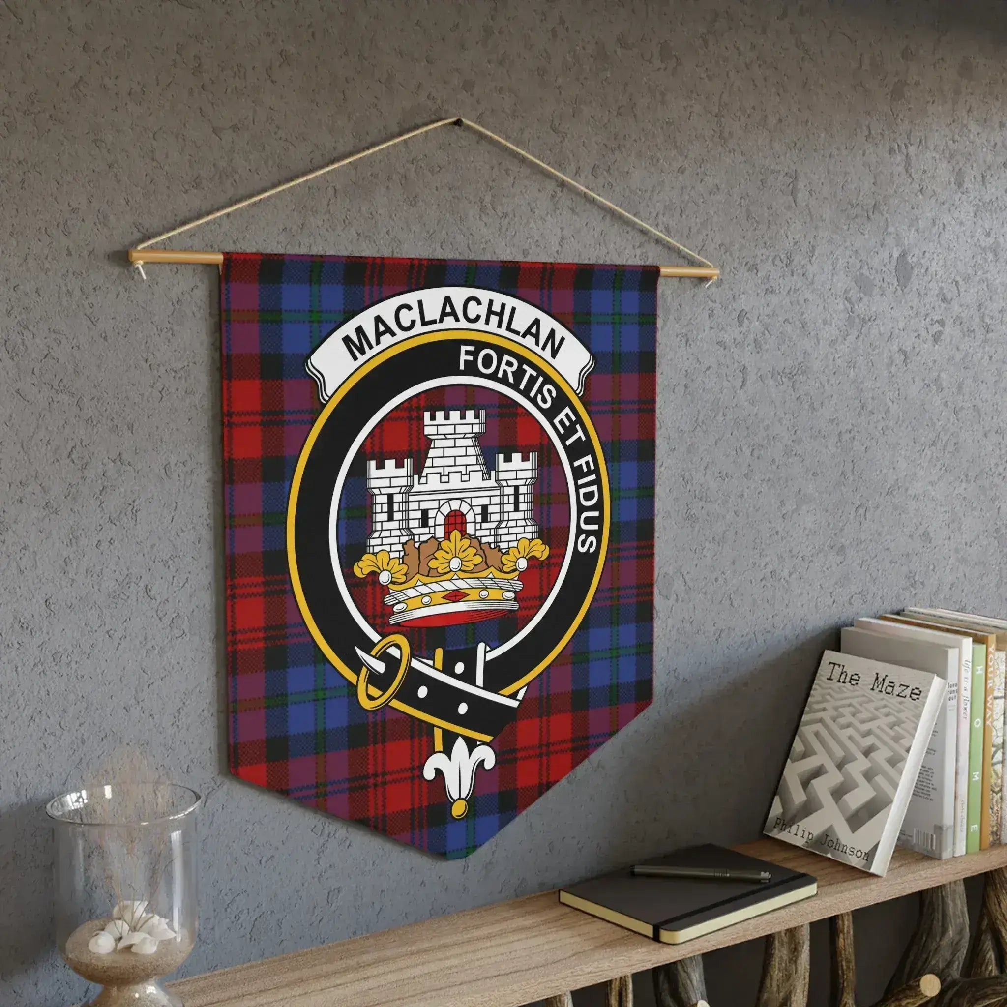 MacLachlan Fortis et Fidus tartan wall hanging pennant — 18x21 Strong and Faithful heraldic design