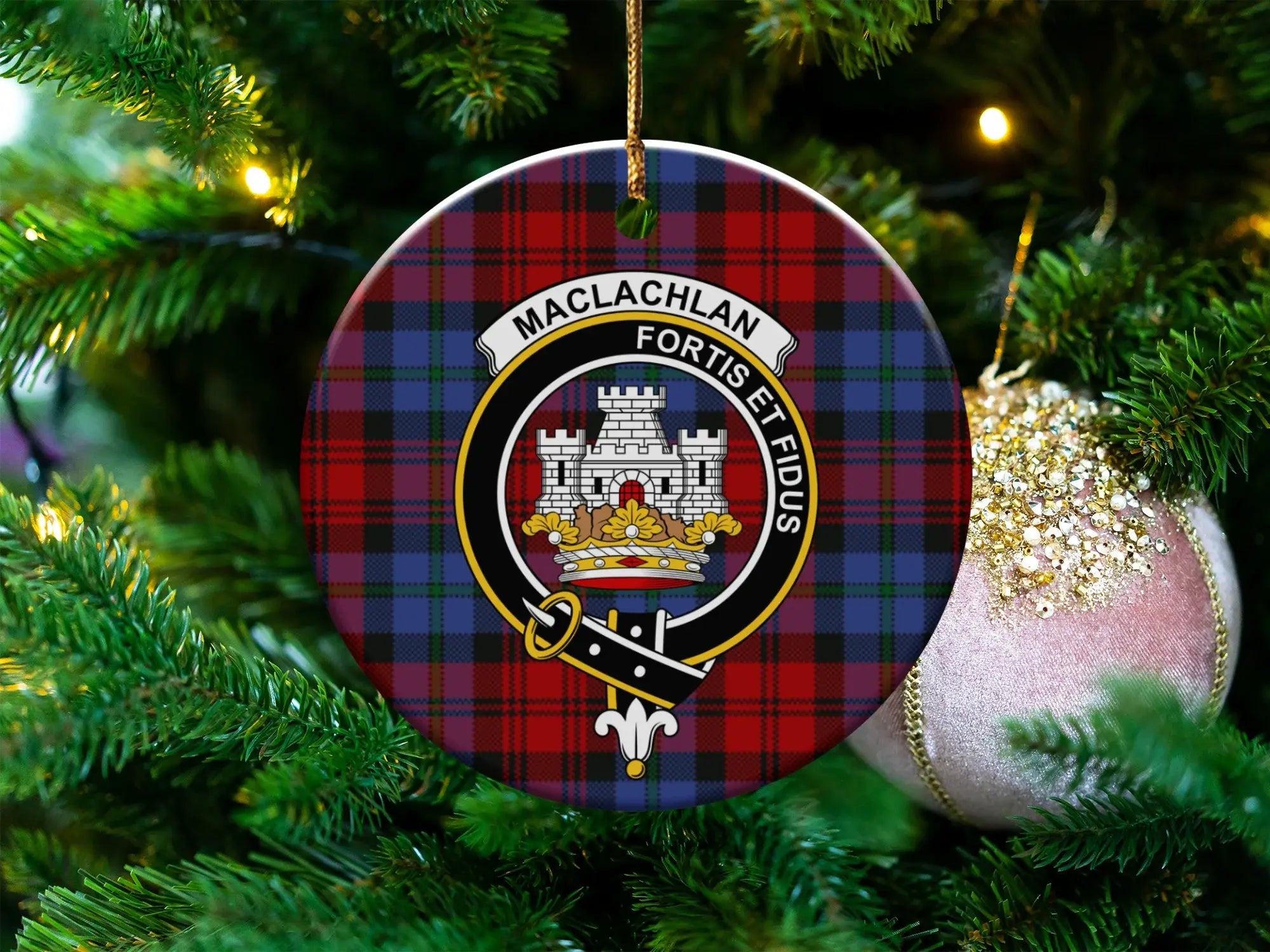 MacLachlan family crest red tartan plaid ornament — 3-inch round glossy ceramic disc