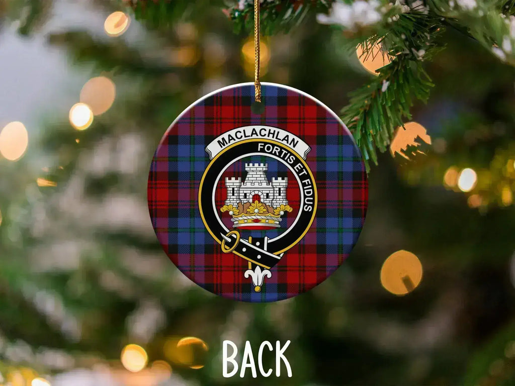MacLachlan Fortis et Fidus plaid Christmas ornament — 3-inch ceramic disc, gold hanging string
