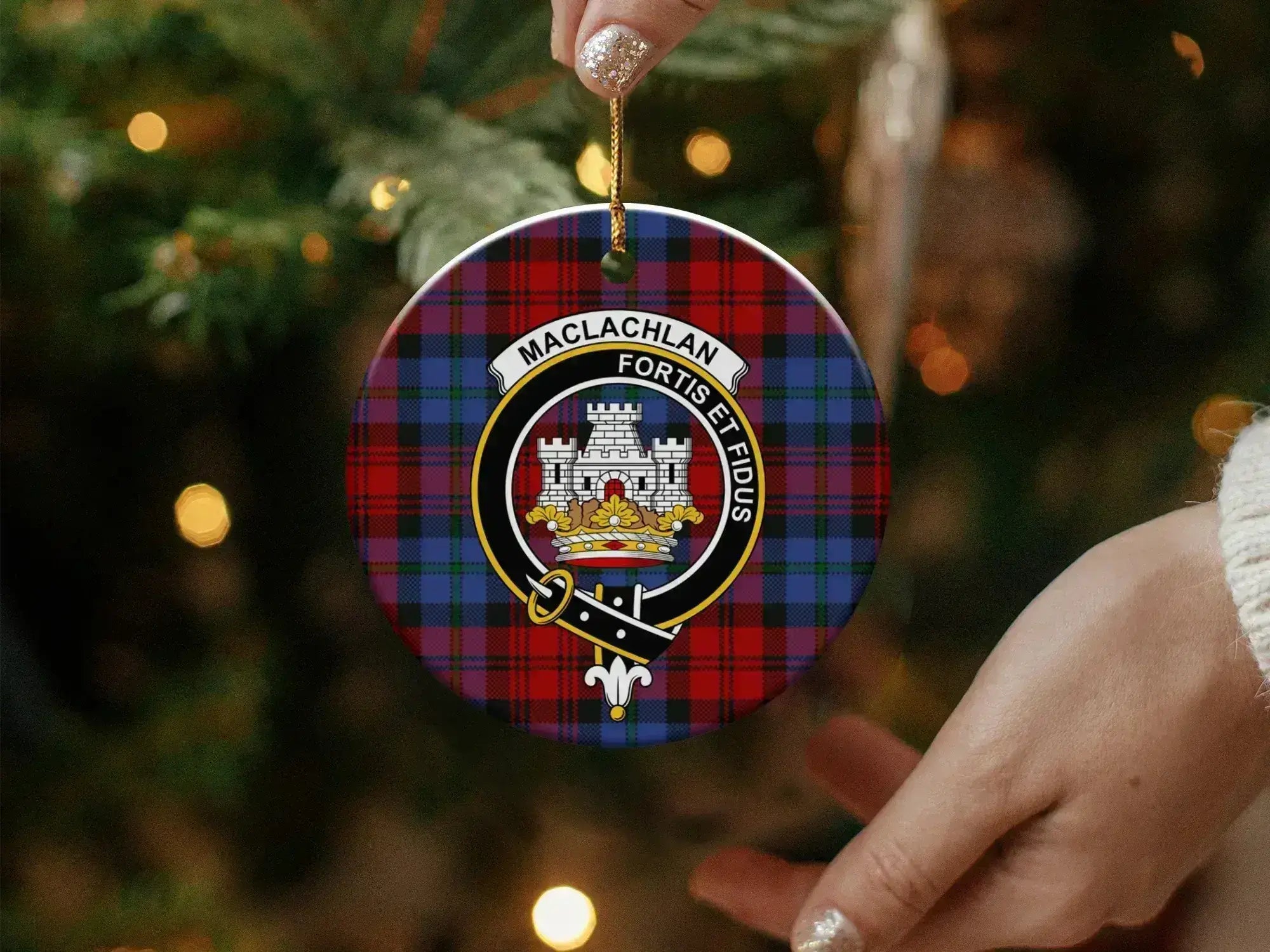 MacLachlan Fortis et Fidus clan crest ornament — glossy finish, double-sided 3-inch ceramic disc