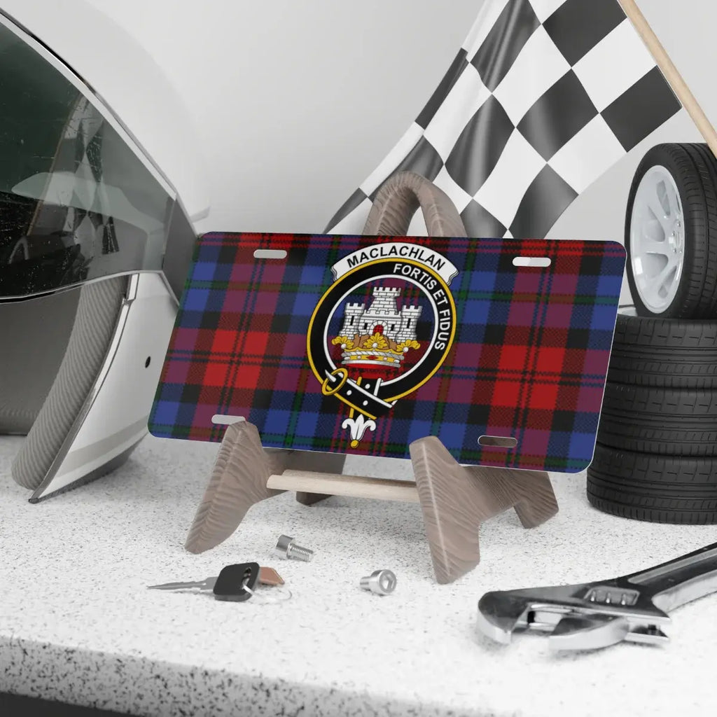 MacLachlan Scottish clan crest tartan novelty license plate — 12x6 aluminium with Fortis et Fidus heraldic design