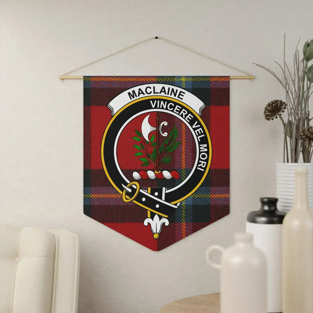 MacLaine Vincere Vel Mori clan crest pennant 18x21 inches — polyester twill wall hanging, wooden dowel