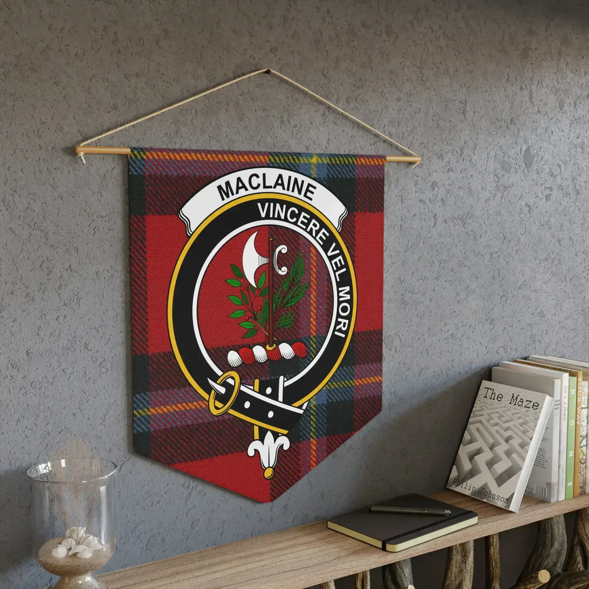 MacLaine Vincere Vel Mori tartan wall hanging pennant — 18x21 To Conquer or Die heraldic design