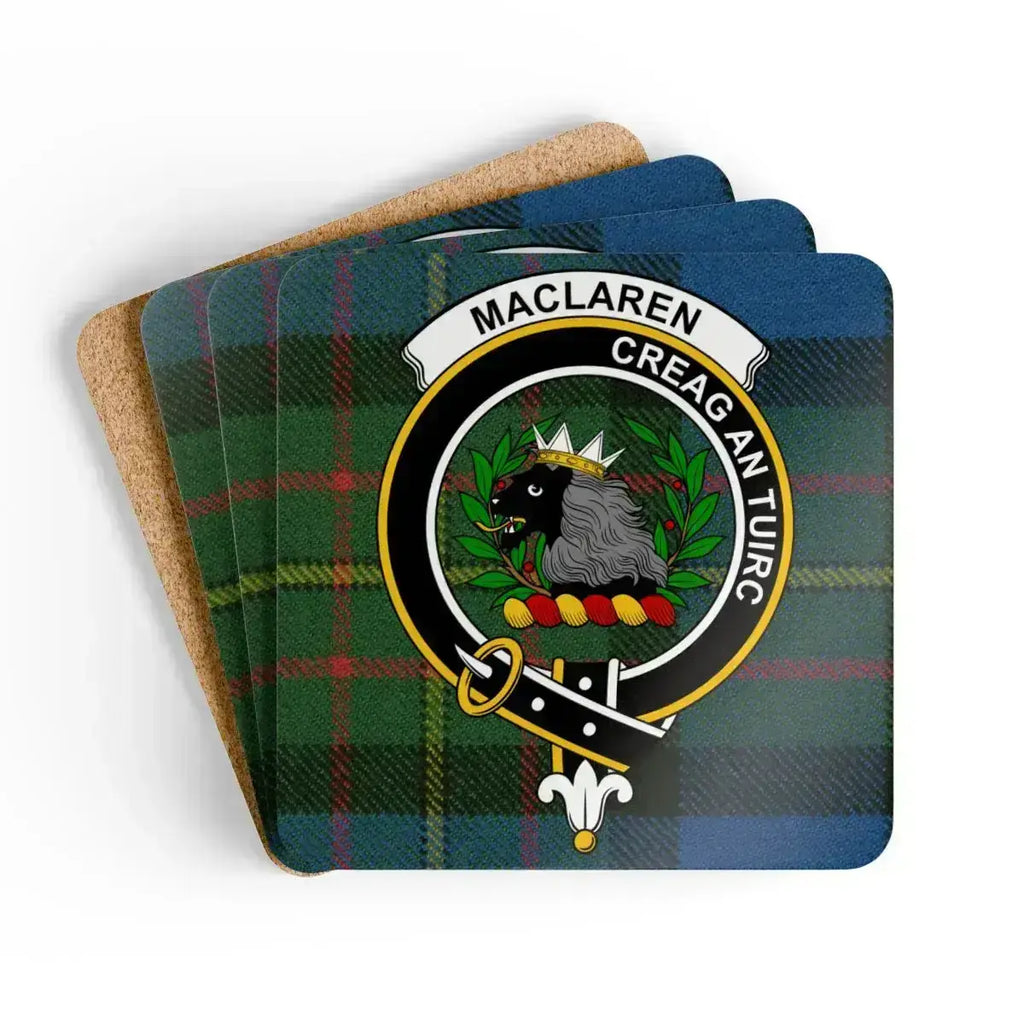 MacLaren clan crest tartan coaster set — Creag An Tuirc on cork-backed square coasters