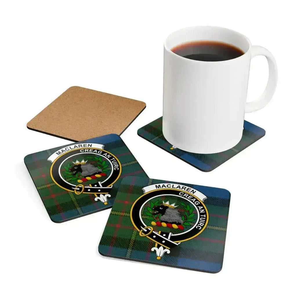 MacLaren clan crest coaster set stacked — showing cork base and Creag An Tuirc design detail