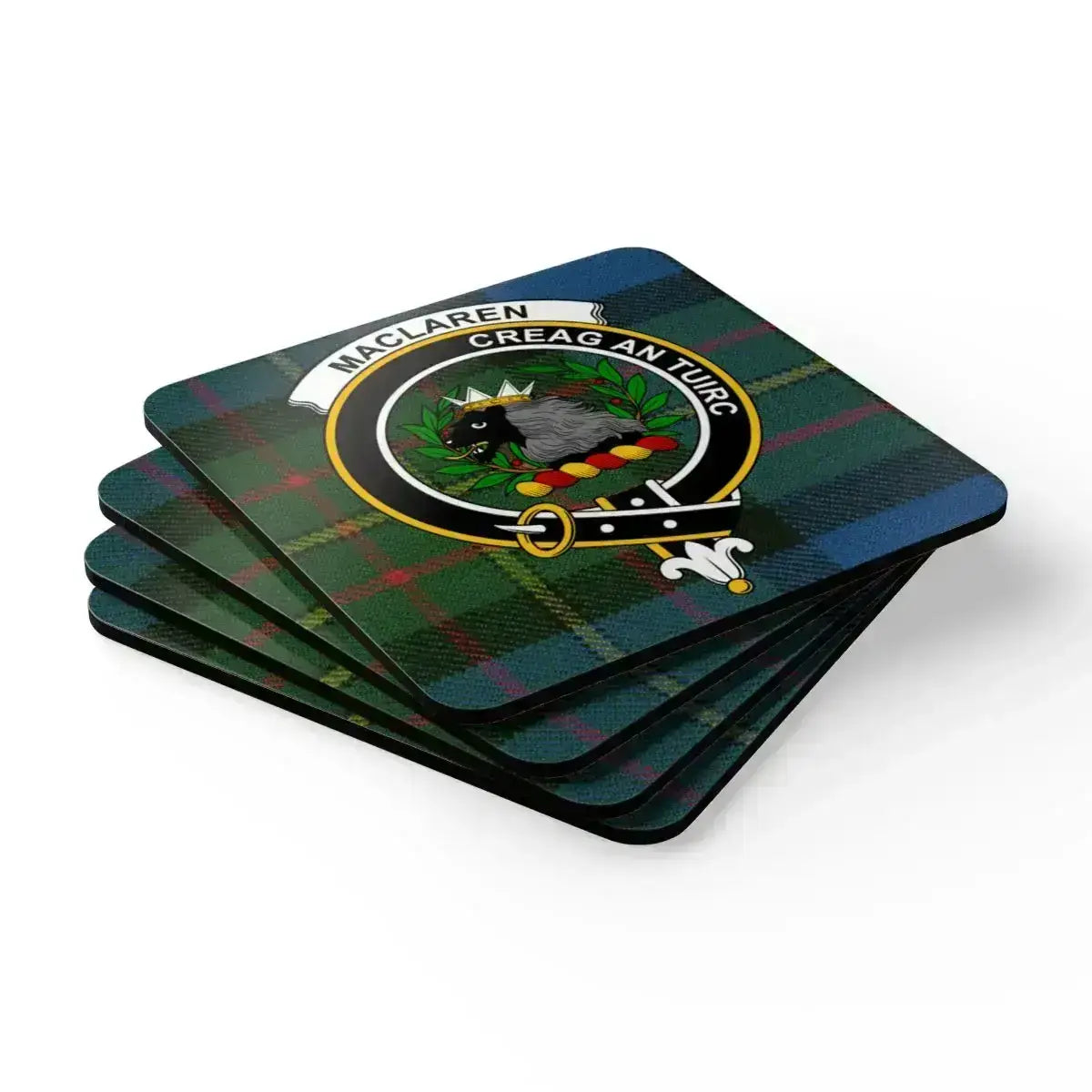 MacLaren Creag An Tuirc family crest coaster in use — 3.75 inch square cork heritage coaster
